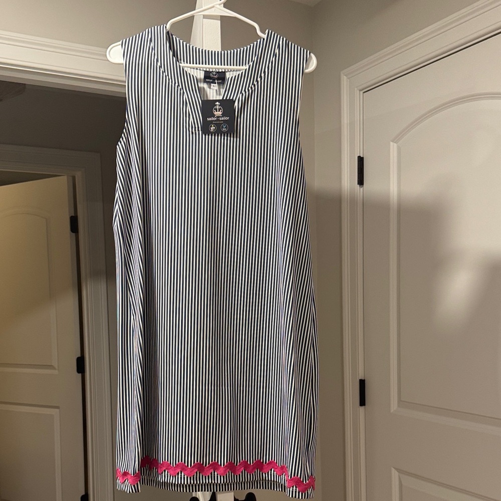 Sailor Sailor NWT Blue and White Striped Dress with Pink Accents.